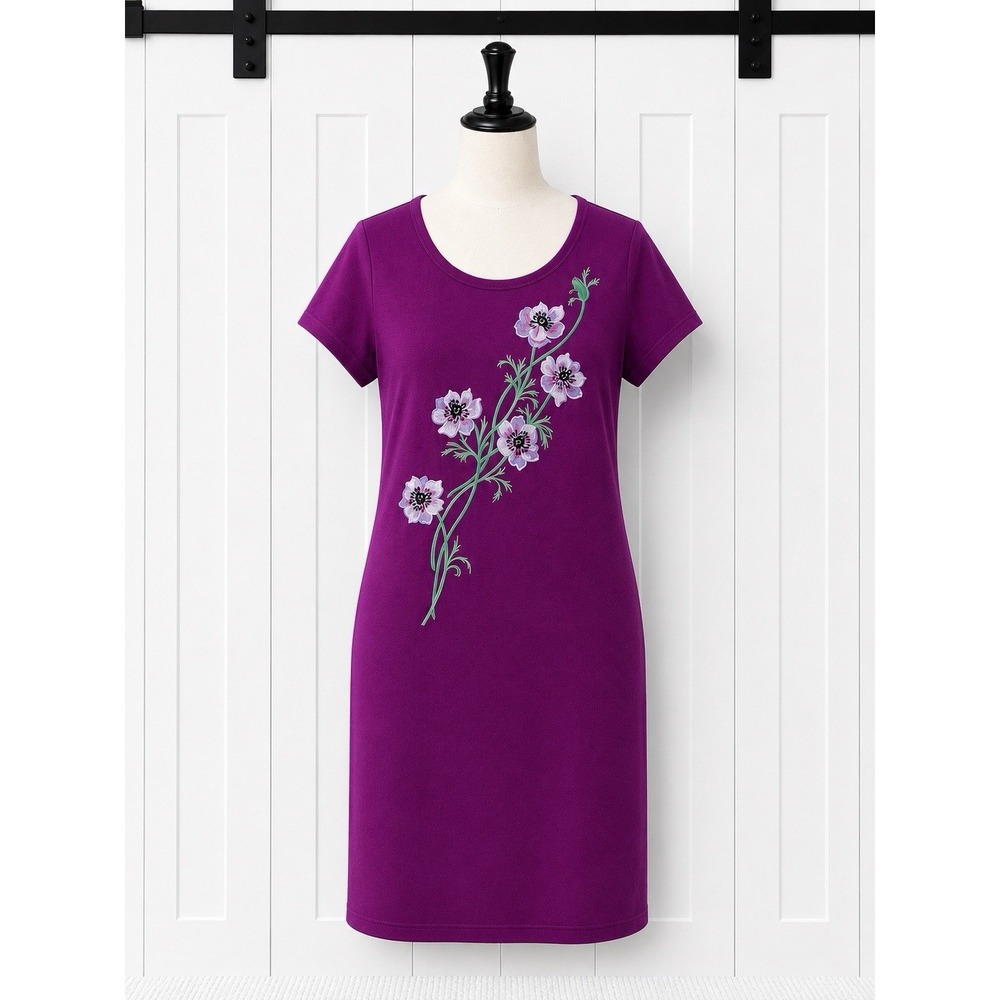 New Bob Mackie Magenta Floral Embroidery Applique Wearable Art Cotton Knit Dress